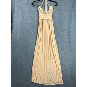 MISA Los Angeles Dress Women Small Gold A Line V Neck Halter Tie Sleeveless Maxi